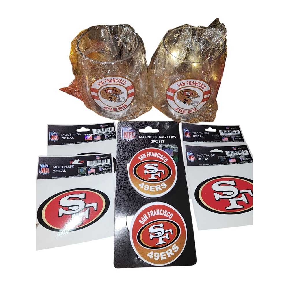 San Francisco 49ers NFL Gift Set 2 Stemless 2 plastic Tumblers Magnets 4 Decals